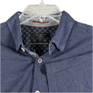 Ted Baker Shirt Men 4 Blue Button Geometric Print Short Sleeve Casual Preppy‎